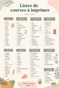Modèle de liste de courses imprimable avec des sections pour les aliments.