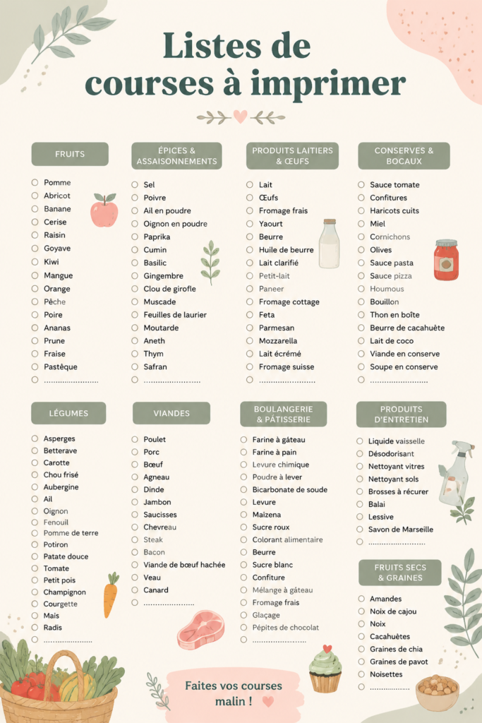 Modèle de liste de courses imprimable avec des sections pour les aliments.