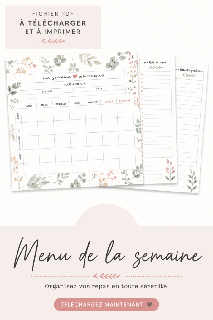 Plan de repas hebdomadaire avec des recettes équilibrées et pratiques.