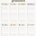 Un modèle de liste de courses imprimable sur un plan de travail avec des produits alimentaires autour.