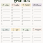 Un modèle de liste de courses imprimable sur un plan de travail avec des produits alimentaires autour.