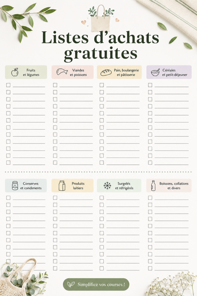 Un modèle de liste de courses imprimable sur un plan de travail avec des produits alimentaires autour.