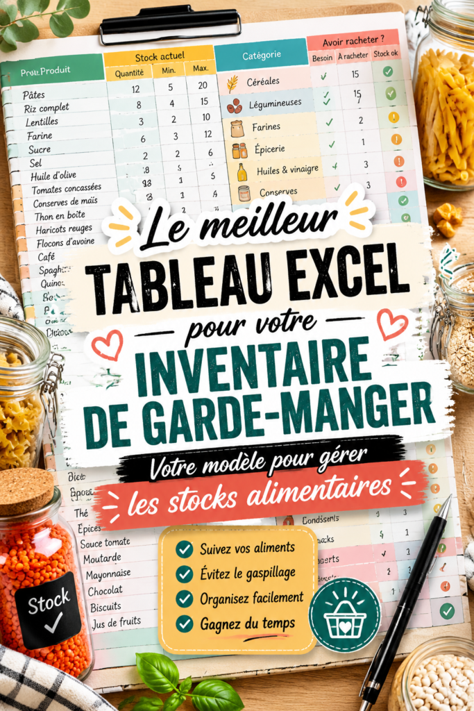 Modèle d'inventaire de garde-manger en action, sur une cuisine bien rangée