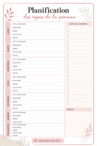 Femme préparant un plan de repas hebdomadaire avec des aliments frais