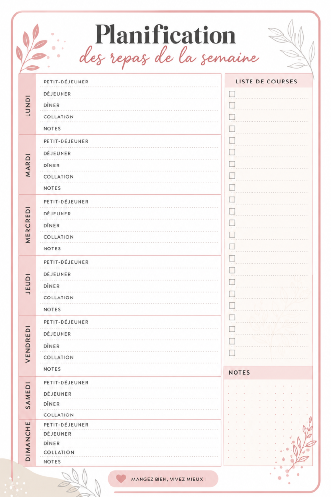 Femme préparant un plan de repas hebdomadaire avec des aliments frais