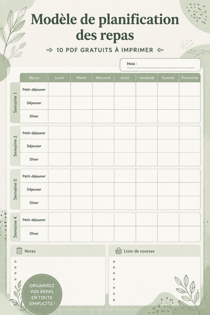 Modèles PDF gratuits pour la planification des repas