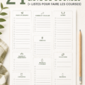 Une collection de modèles de listes de courses colorés et imprimables sur un bureau