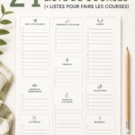 Une collection de modèles de listes de courses colorés et imprimables sur un bureau