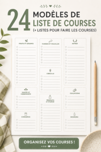Une collection de modèles de listes de courses colorés et imprimables sur un bureau