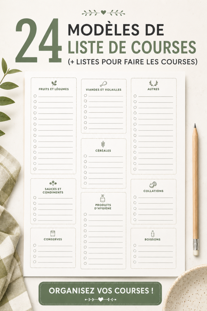 Une collection de modèles de listes de courses colorés et imprimables sur un bureau