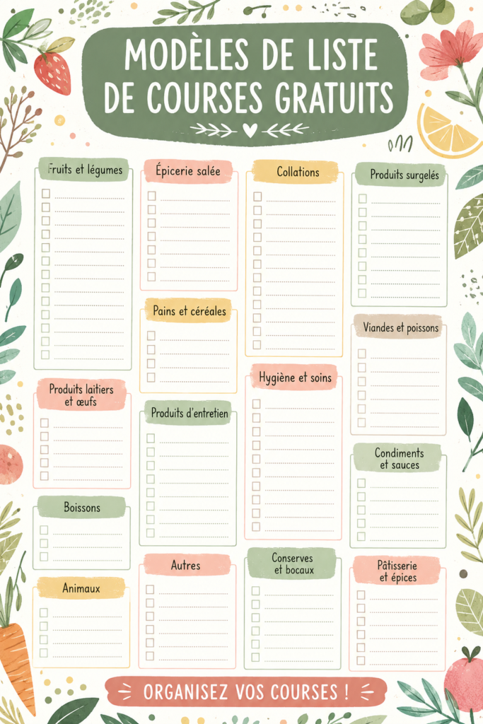Modèle de liste de courses imprimable sur fond pastel