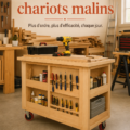 Chariot en bois bien rangé avec des outils et des fournitures pour un atelier organisé.