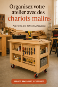 Chariot en bois bien rangé avec des outils et des fournitures pour un atelier organisé.