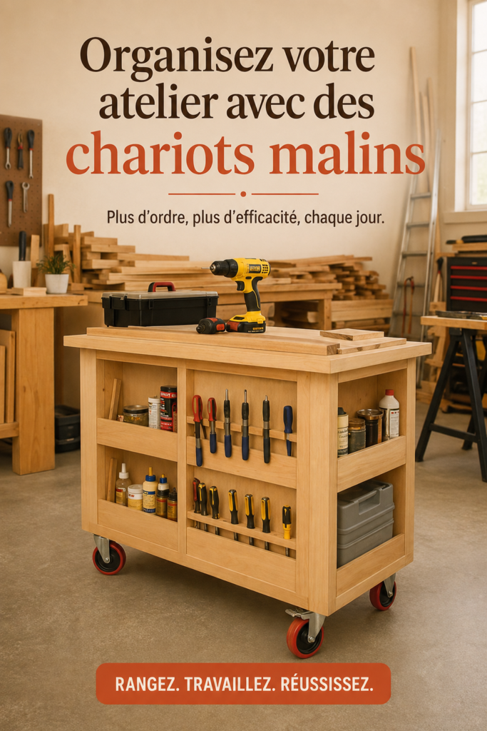 Chariot en bois bien rangé avec des outils et des fournitures pour un atelier organisé.