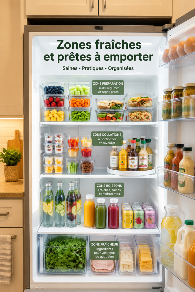 Frigo bien organisé avec des zones pour aliments sains