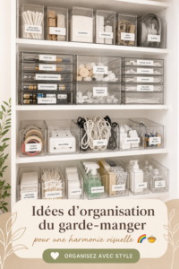 Garde-manger bien organisé avec des bocaux étiquetés et des étagères ordonnées