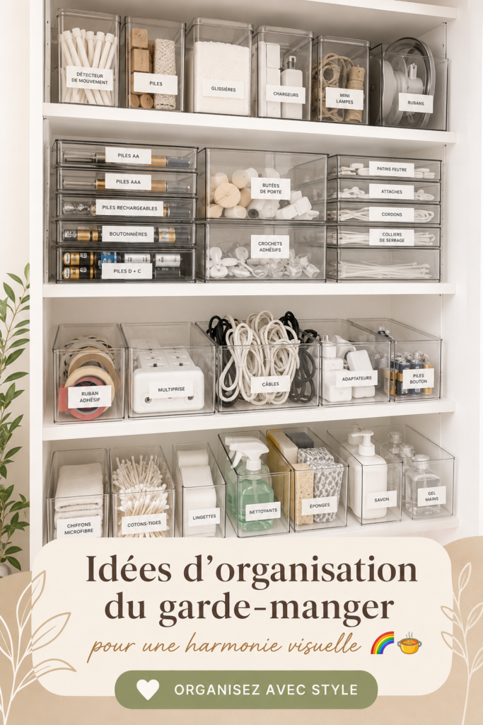 Garde-manger bien organisé avec des bocaux étiquetés et des étagères ordonnées