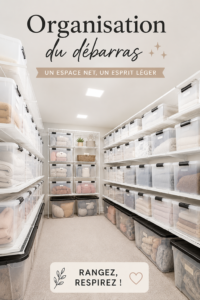 Salle de rangement modernisée et bien organisée avec des étagères et des boîtes