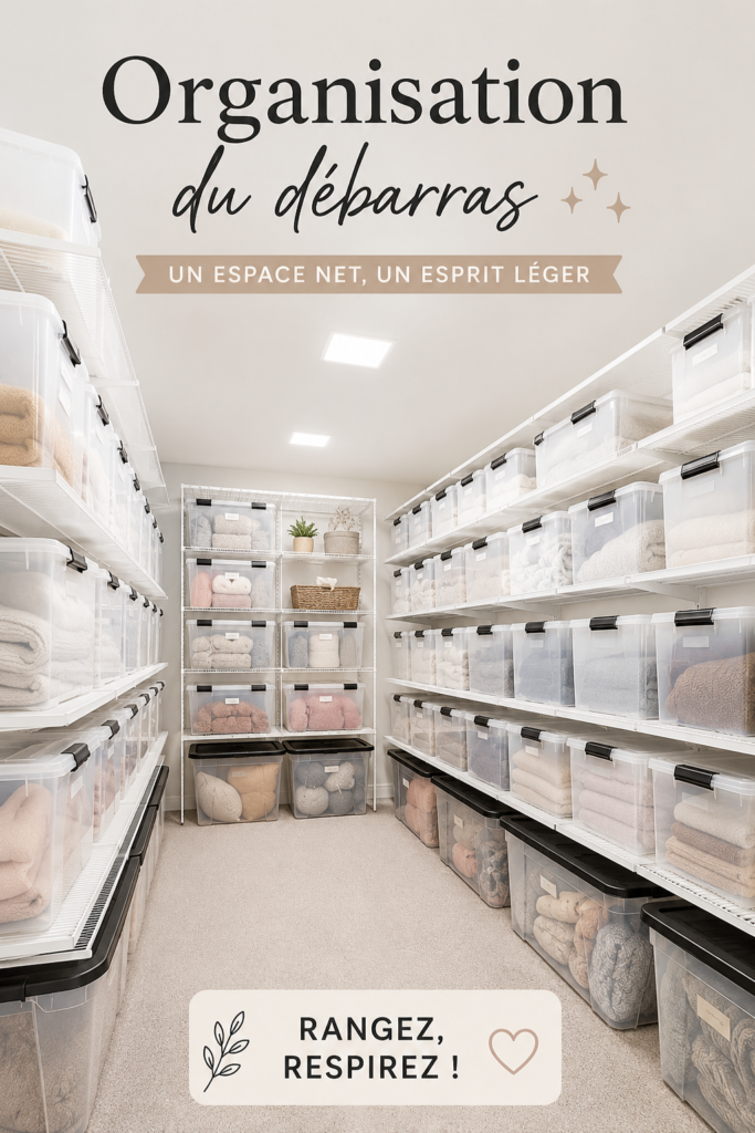 Salle de rangement modernisée et bien organisée avec des étagères et des boîtes
