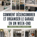 Garage bien organisé avec des étagères et des outils rangés.