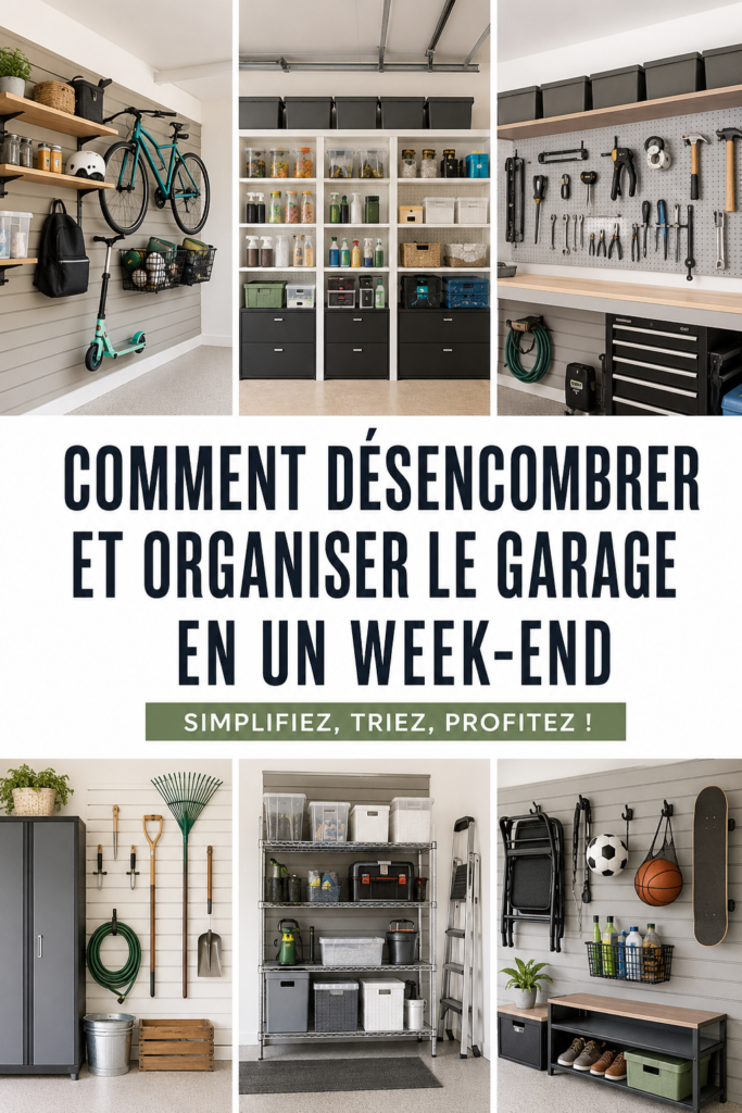 Garage bien organisé avec des étagères et des outils rangés.