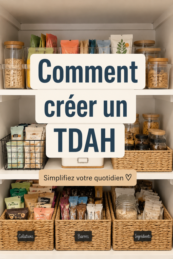 Un garde-manger bien organisé avec des étiquettes et des contenants pratiques pour une cuisine fonctionnelle.