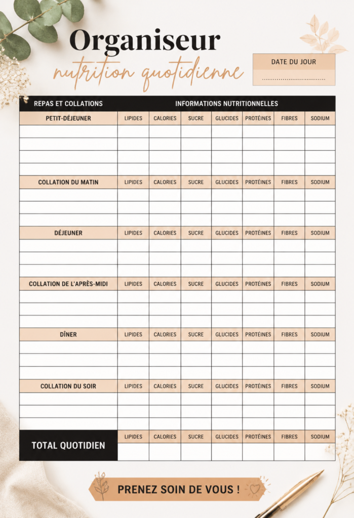 Organiseur de nutrition quotidien avec des illustrations de repas.