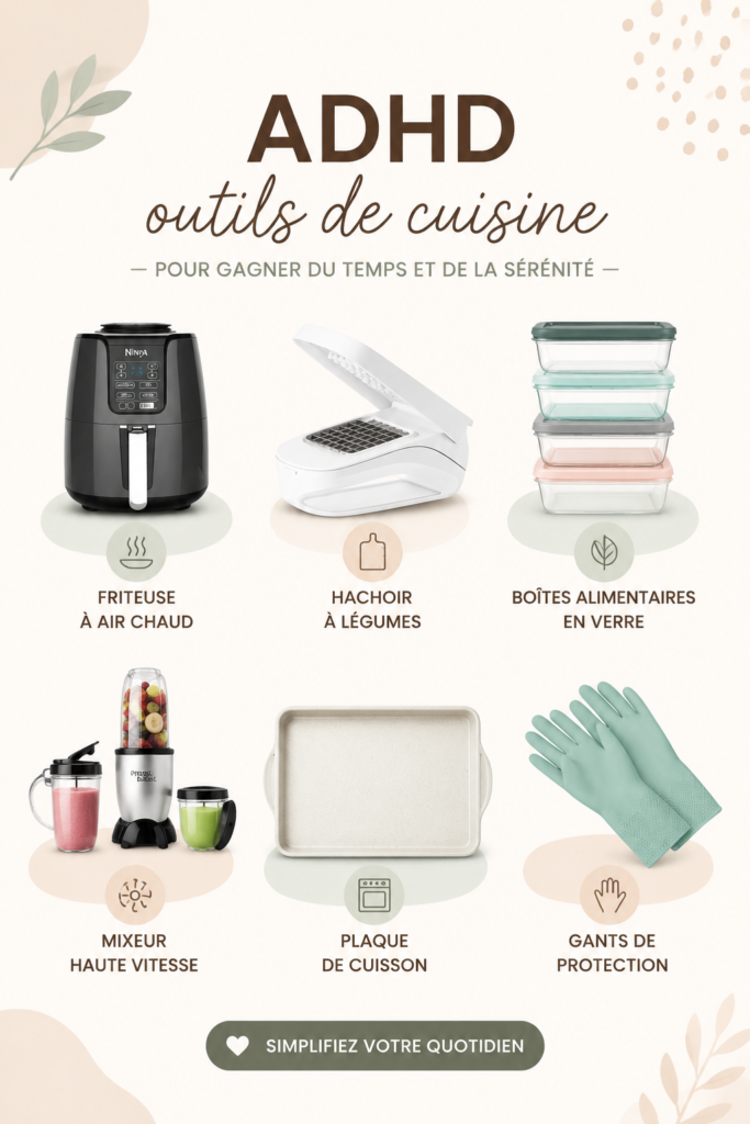 Des utensils de cuisine colorés et pratiques adaptés aux personnes avec TDAH.