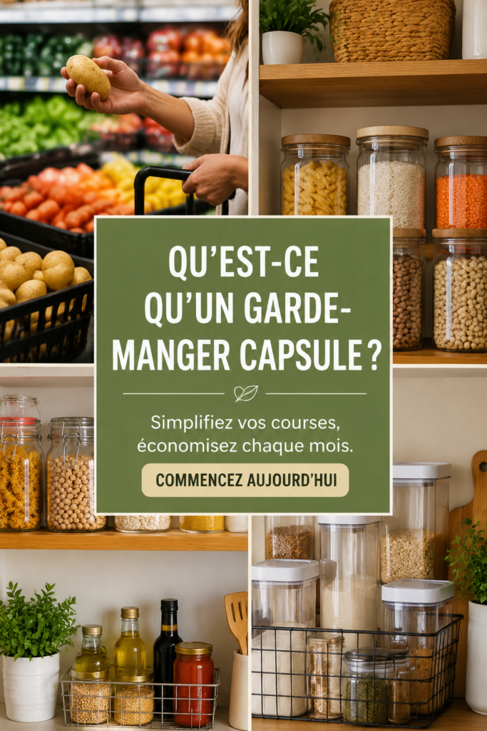 Un placard de cuisine bien organisé avec des ingrédients capsule essentiels.