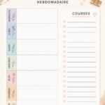 Planificateur de menu hebdomadaire coloré prêt à imprimer sur un bureau.