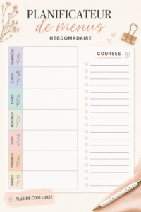 Planificateur de menu hebdomadaire coloré prêt à imprimer sur un bureau.