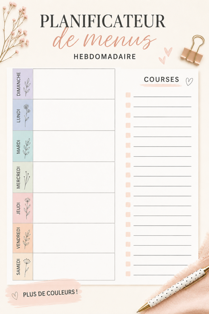 Planificateur de menu hebdomadaire coloré prêt à imprimer sur un bureau.