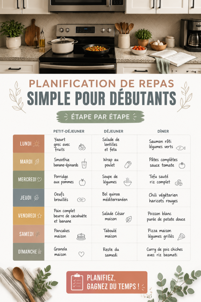 Femme souriante planifiant des repas sur une table de cuisine