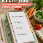 Femme en train de préparer des repas avec un modèle de planification frugale.