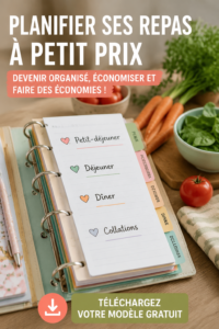 Femme en train de préparer des repas avec un modèle de planification frugale.