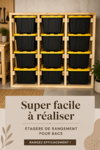 Rangement à sacs DIY en bois avec plusieurs compartiments dans un intérieur moderne.
