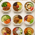 Un délicieux bowl riche en protéines avec légumes colorés et quinoa.