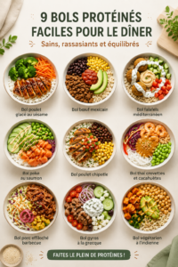 Un délicieux bowl riche en protéines avec légumes colorés et quinoa.