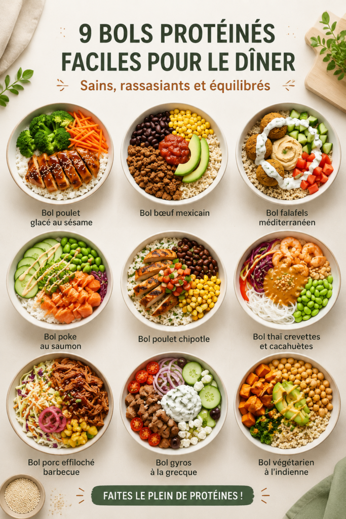 Un délicieux bowl riche en protéines avec légumes colorés et quinoa.