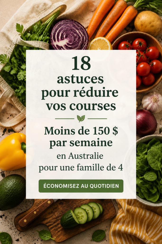 Un panier de courses rempli d'articles frais et économiques, adapté à une famille de quatre.