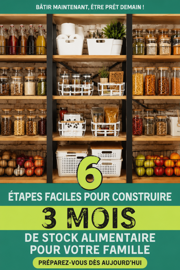 Image d'une réserve alimentaire organisée avec différents aliments non périssables