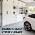 Un garage organisé avec des solutions de rangement astucieuses et un véhicule électrique bien intégré.