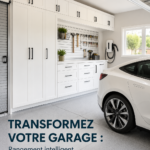 Un garage organisé avec des solutions de rangement astucieuses et un véhicule électrique bien intégré.