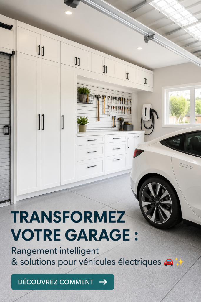 Un garage organisé avec des solutions de rangement astucieuses et un véhicule électrique bien intégré.