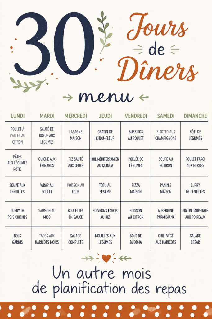 Assiette de dîners variés pour une semaine - recettes familiales
