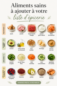 Image d'une sélection d'aliments sains dans un caddie de supermarché.