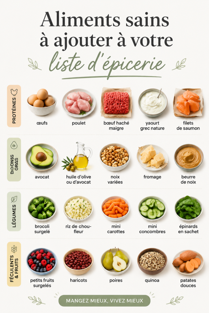 Image d'une sélection d'aliments sains dans un caddie de supermarché.