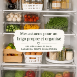 Réfrigérateur propre et bien organisé avec des étagères transparentes et des bacs de rangement