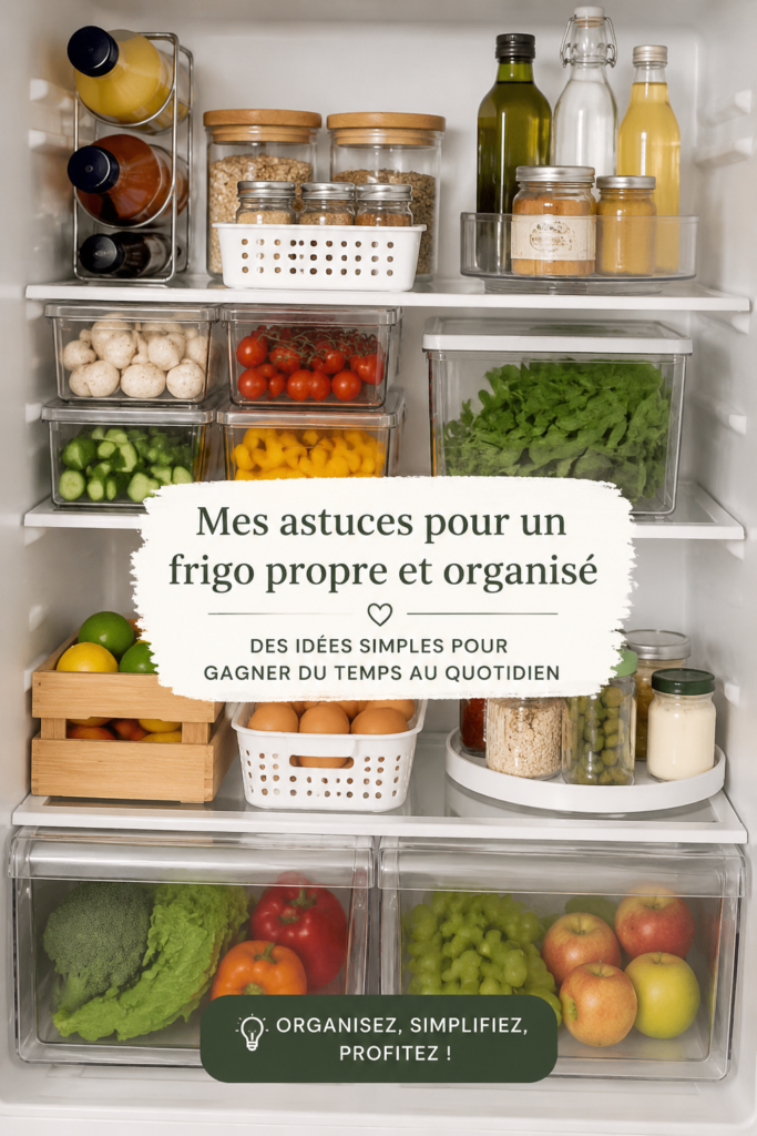 Réfrigérateur propre et bien organisé avec des étagères transparentes et des bacs de rangement