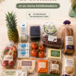 Plan de courses de Gretchen sur une table avec aliments frais et sains.